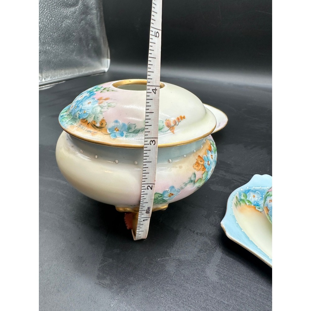 Antique Hand Painted Limoges Porcelain Dresser Set Forget-Me-Not Floral Gold - Picture 3 of 15